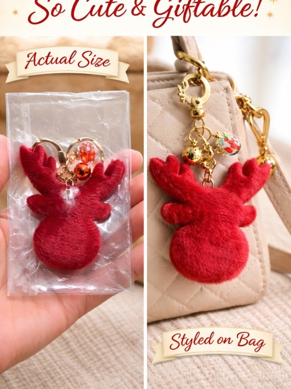 Red Fuzzy Reindeer Keychain Card Holder | Holiday Plush Bag Charm Gift